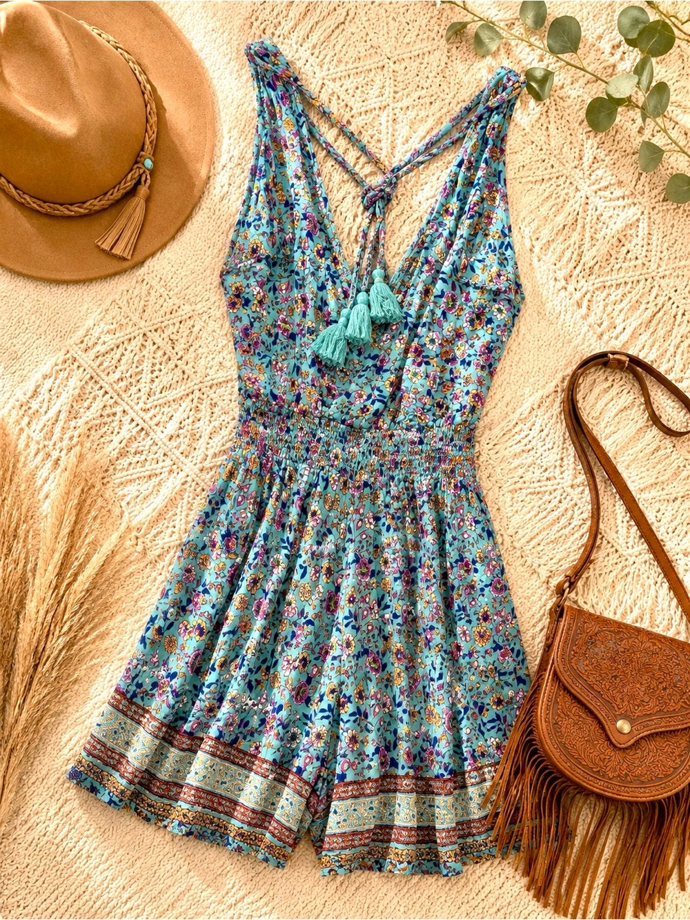 Bohemian Aqua Floral V-Neck Romper with Tassel Back